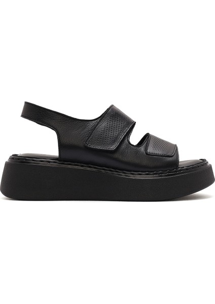 Kadın Siyah Bantlı Kalın Tabanlı Deri Comfort Sandalet 25SFD342226