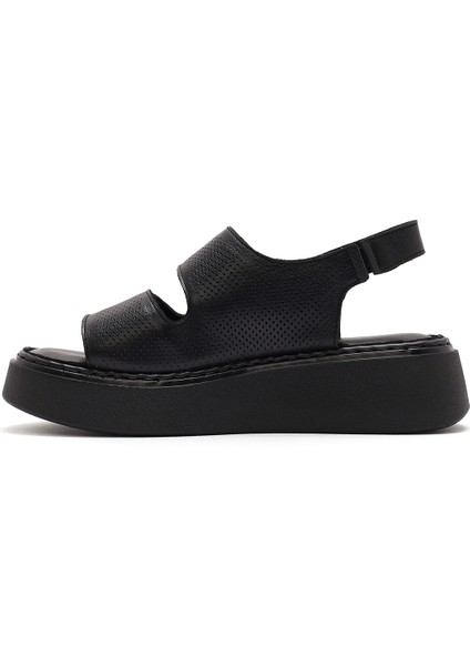 Kadın Siyah Bantlı Kalın Tabanlı Deri Comfort Sandalet 25SFD342226