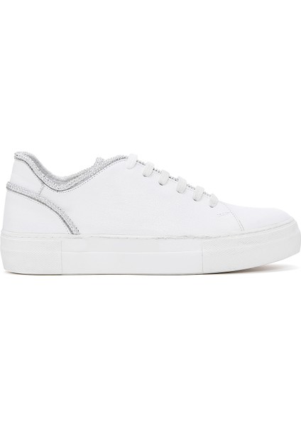 Kadın Beyaz Bağcıklı Taşlı Deri Sneaker 25SFD290618
