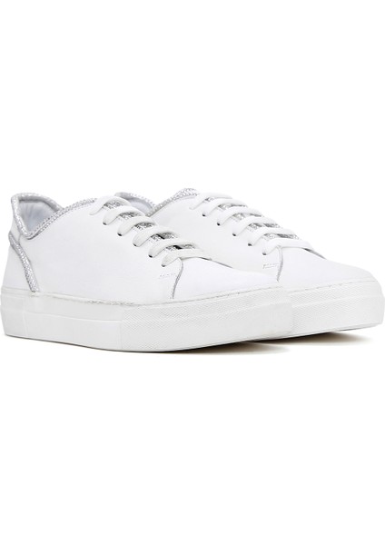 Kadın Beyaz Bağcıklı Taşlı Deri Sneaker 25SFD290618