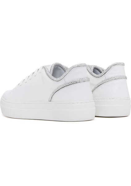 Kadın Beyaz Bağcıklı Taşlı Deri Sneaker 25SFD290618