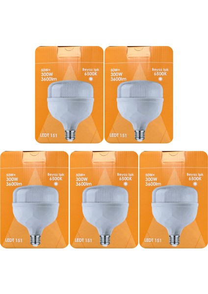 (5 adet) Osaka 50W (300W) Beyaz IŞIK E27 DUYLU (Kalın Duy) LED Torch Ampul