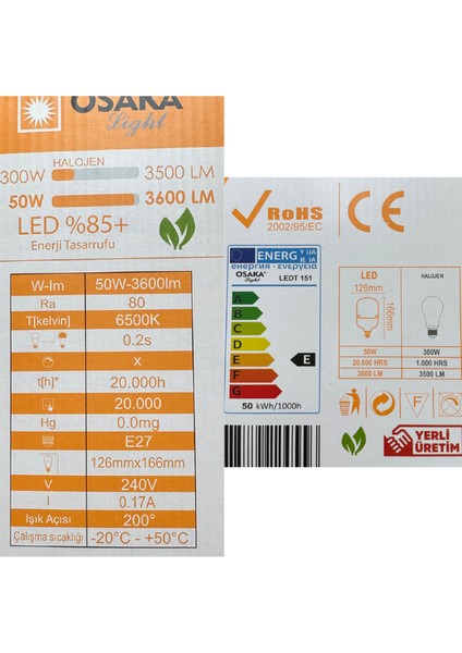 (5 adet) Osaka 50W (300W) Beyaz IŞIK E27 DUYLU (Kalın Duy) LED Torch Ampul fırsatları