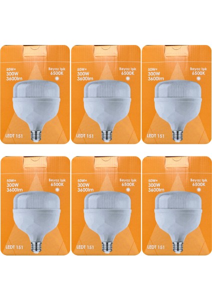 (6 adet) Osaka 50W (300W) Beyaz IŞIK E27 DUYLU (Kalın Duy) LED Torch Ampul