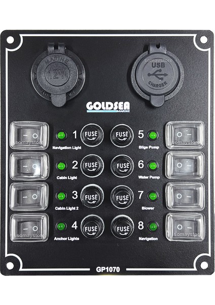 Switch Panel 8 Anahtar Şarj + USB-C Soketli Sigorta Paneli 12-24V 148x170mm