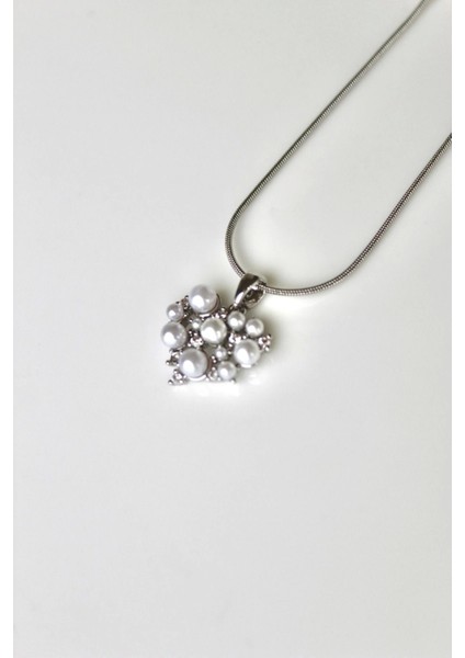 Premium Seri Incili Kalp Model Kadın Çelik Kolye