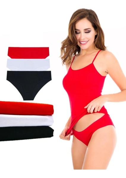 3'lü Kadın Pamuklu Likralı Atlet Külot Takım Kırmızı Beyaz Siyah