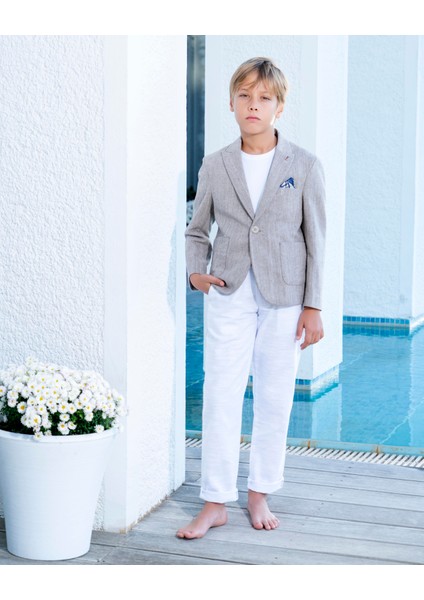 Erkek Çocuk Vizon Takım Elbise Keten Spor Takım 3-14 Yaş Ceket Pantolon Tişort 3-14 Yaş