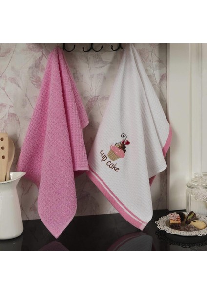 Pamuk Mutfak Havlusu Cup Cake 2'li Beyaz-Pembe 40 x 60 cm