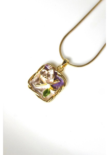 Vintage Kare Burgu Kenarlı Mor Çiçek Motifli 3D Tablo Tasarım Kadın Çelik Kolye