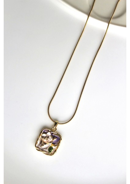 Vintage Kare Burgu Kenarlı Mor Çiçek Motifli 3D Tablo Tasarım Kadın Çelik Kolye modelleri