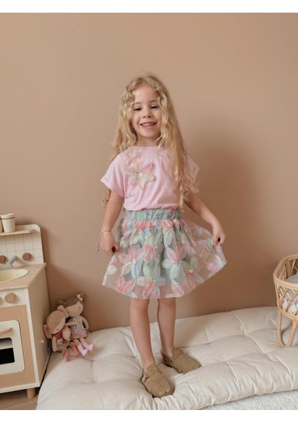 Yigit Butik Çiçek Desenli Etekli Kız Çocuk Alt Üst Takım