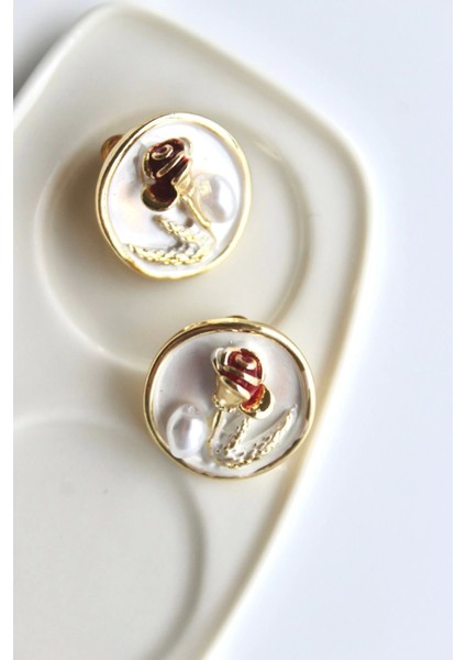 Vintage Kırmızı Gül Motifli 3D Tablo Tasarım Kadın Çelik Küpe