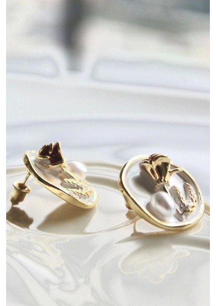 Vintage Kırmızı Gül Motifli 3D Tablo Tasarım Kadın Çelik Küpe modelleri