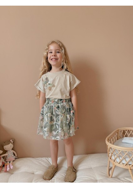 Yigit Butik Çiçek Desenli Etekli Kız Çocuk Alt Üst Takım