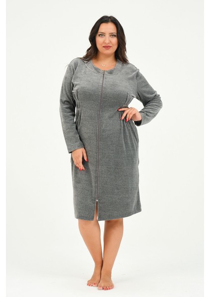 Kadın Fermuarlı Cepli Büyük Beden Pamuklu Kadife Elbise