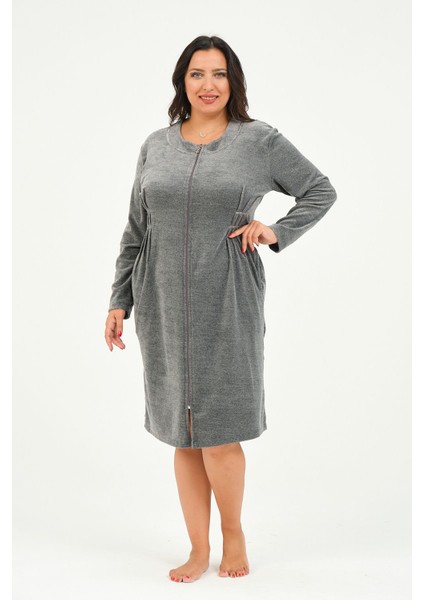 Kadın Fermuarlı Cepli Büyük Beden Pamuklu Kadife Elbise modelleri