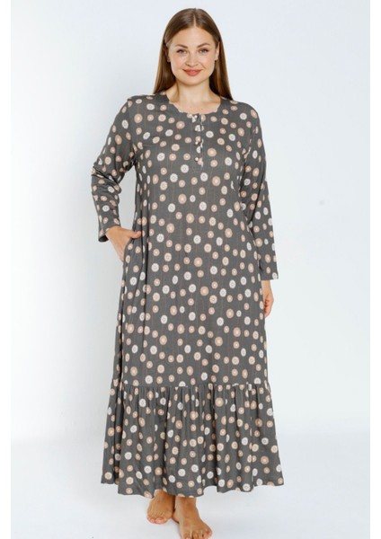 Desenli Uzun Kollu Düğmeli Cepli Kadın Büyük Beden Pamuklu Elbise