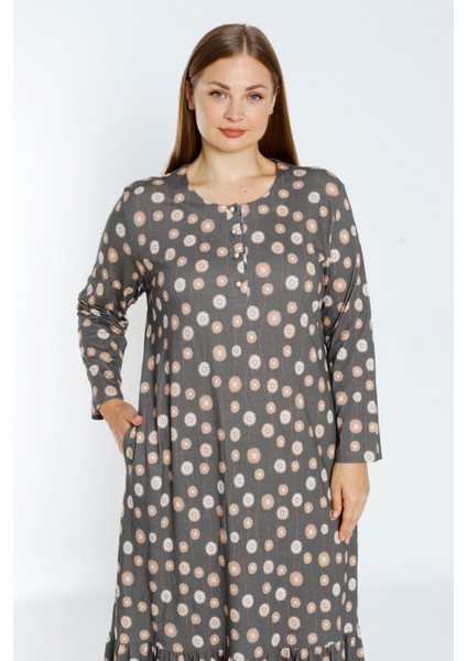 Desenli Uzun Kollu Düğmeli Cepli Kadın Büyük Beden Pamuklu Elbise fırsatları