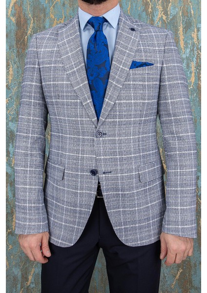 Erkek Slim Fit Mono Yaka Lacivert Yarım Astar Ceket