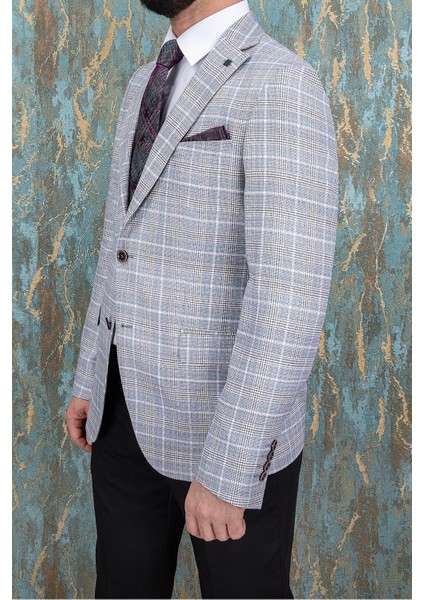 Erkek Slim Fit Mono Yaka Açık Gri Yarım Astar Ceket