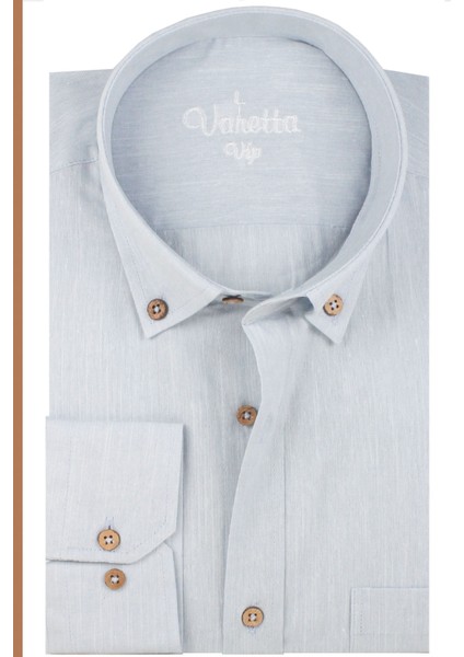 Erkek Mavimsi Gri Uzun Kollu Keten Efektli Cepli Pamuklu Gömlek