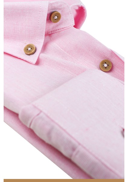 Erkek Pembe Uzun Kollu Keten Efektli Cepli Pamuklu Gömlek