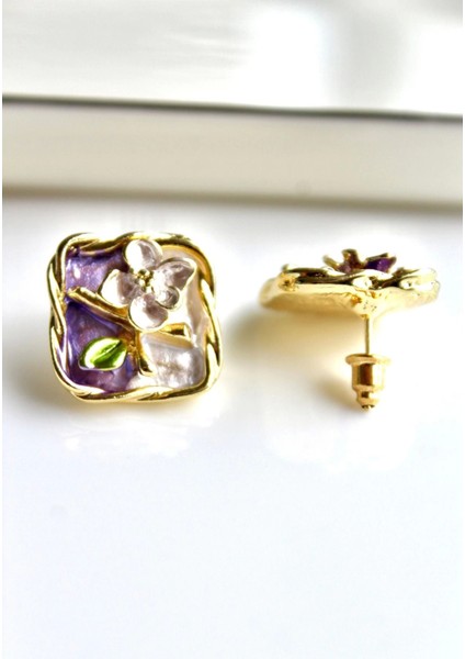 Vintage Kare Burgu Kenarlı Mor Çiçek Motifli 3D Tablo Tasarım Kadın Çelik Küpe