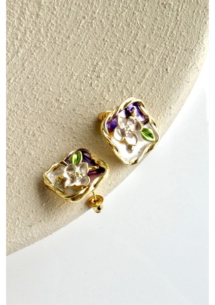 Vintage Kare Burgu Kenarlı Mor Çiçek Motifli 3D Tablo Tasarım Kadın Çelik Küpe fiyatları