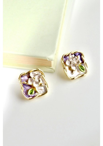 Vintage Kare Burgu Kenarlı Mor Çiçek Motifli 3D Tablo Tasarım Kadın Çelik Küpe modelleri