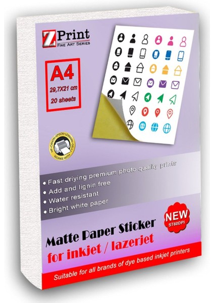 Inkjet ve Lazer Tüm Yazıcılarla Uyumlu Mat Yapışkanlı Sticker Etiket Kağıt A4 20 Yaprak