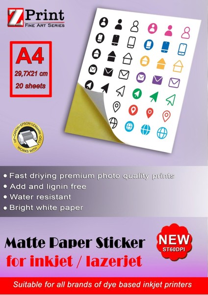 Inkjet ve Lazer Tüm Yazıcılarla Uyumlu Mat Yapışkanlı Sticker Etiket Kağıt A4 20 Yaprak