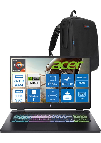 Nitro 17 Amd Ryzen 7 7735HS 24GB Ddr5 1tb SSD RTX4050 140W 6gb 17.3" Fhd IPS 165HZ Windows 11 Pro Taşınabilir Bilgisayar NHQL1EY003P06 + Zetta Çanta