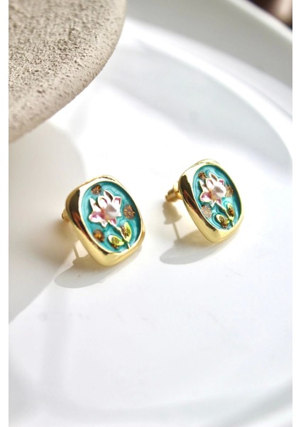 Incili Kare Pembe Lotus Çiçeği Motifli Kabartma Manzara Tasarım Kadın Çelik Küpe fiyatları