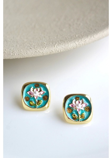 Incili Kare Pembe Lotus Çiçeği Motifli Kabartma Manzara Tasarım Kadın Çelik Küpe fırsatları