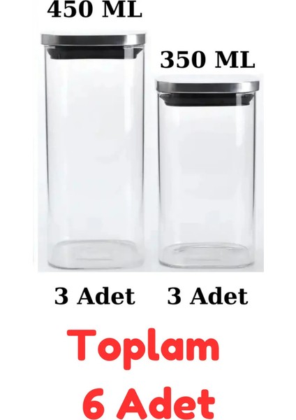 Vakum Krom Kapaklı Kare Cam Kavanoz 450ML 350ML Saklama Kabı 6 Adet