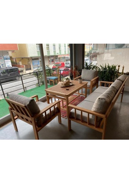 Retro 3+1+1 Bahçe Balkon Teras Ahşap Oturma Grubu