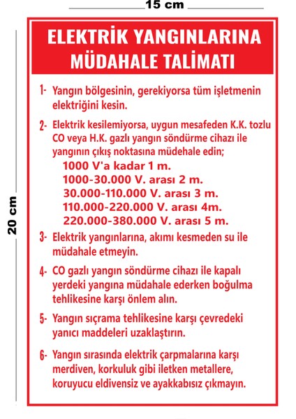 Metal Elektrik Yangınlarına Müdahale Talimatı 15 cm x 20 cm Uyarı Levhası Yönlendirme Tabelası