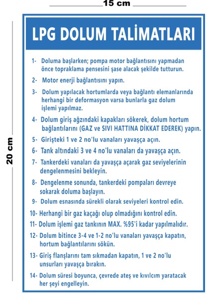 Metal Lpg Dolum Talimatları 15 cm x 20 cm Uyarı Levhası Yönlendirme Tabelası