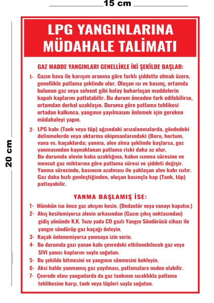 Metal Lpg Yangınlarına Müdahale Talimatı 15 cm x 20 cm Uyarı Levhası Yönlendirme Tabelası