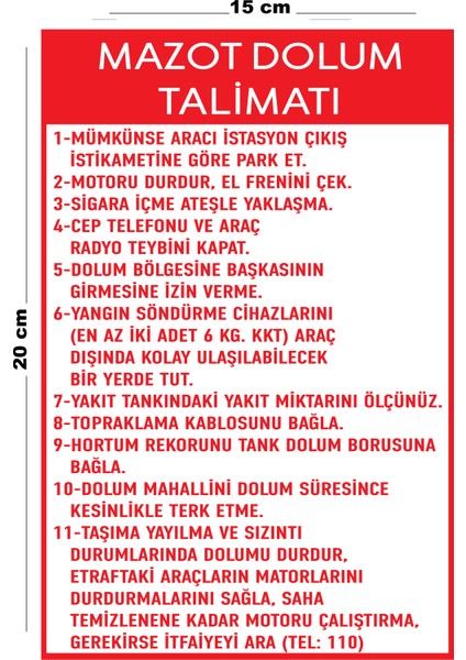 Metal Mazot Dolum Talimatı 15 cm x 20 cm Uyarı Levhası Yönlendirme Tabelası