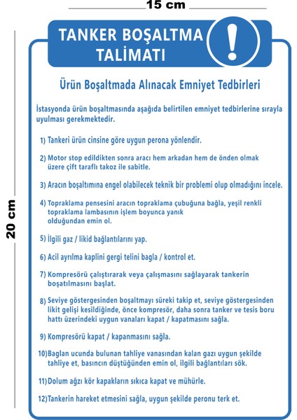 Metal Tanker Boşaltma Talimatı 15 cm x 20 cm Uyarı Levhası Yönlendirme Tabelası