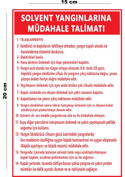 Metal Solvent Yangınlarına Müdahale Talimatı 15 cm x 20 cm Uyarı Levhası Yönlendirme Tabelası