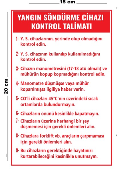 Metal Yangın Söndürme Cihazı Kontrol Talimatı 15 cm x 20 cm Uyarı Levhası Yönlendirme Tabelası