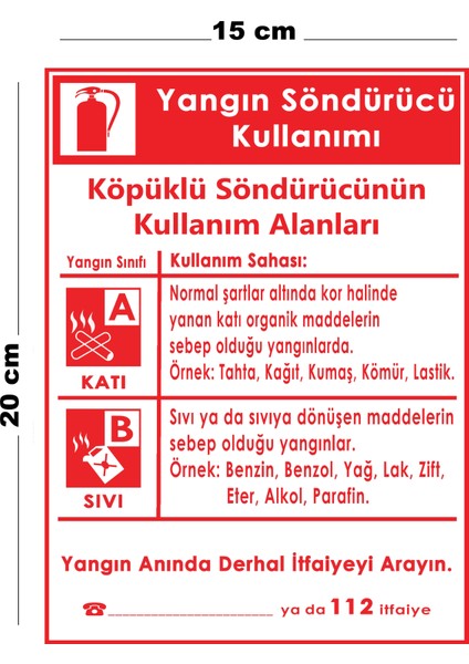 Metal Yangın Söndürücü Kullanımı 15 cm x 20 cm Uyarı Levhası Yönlendirme Tabelası