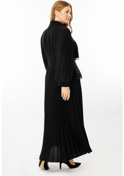 Moda Ilgi Kadın büyük Beden Boncuk Detaylı Piliseli Uzun Elbise 8040 Siyah fırsatları