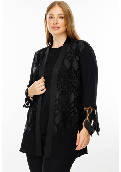 Moda Ilgi Kadın büyük Beden Ön Bedeni Güpür Dantelli Ikili Takım 4265 Siyah