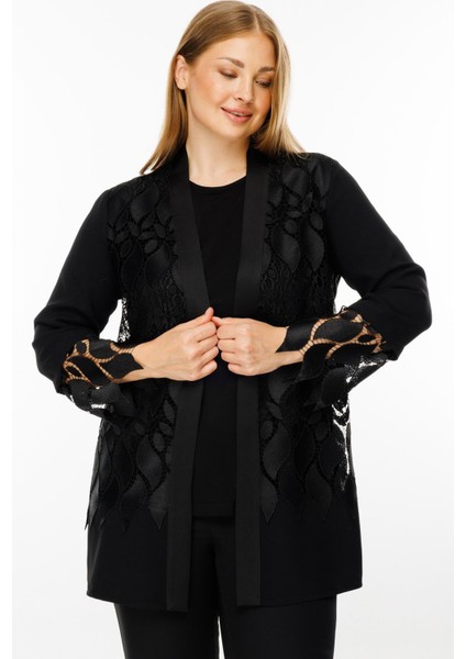 Moda Ilgi Kadın büyük Beden Ön Bedeni Güpür Dantelli Ikili Takım 4265 Siyah