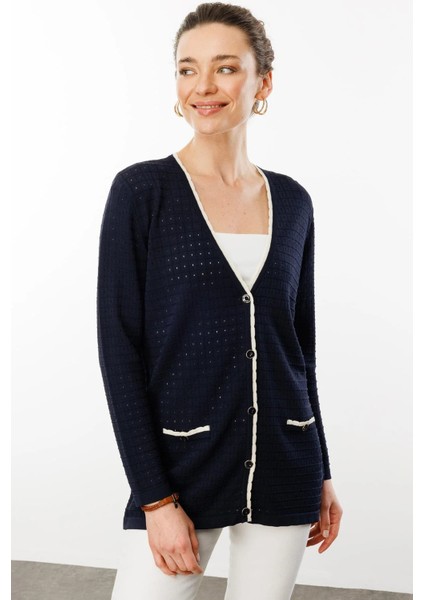 Kadın Kare Örgülü Yazlık Triko Hırka 25355 Lacivert