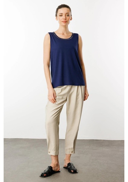 Kadın Sıfır Yaka Yakası Taşlı Askılı T-Shirt 25755 Lacivert fiyatları